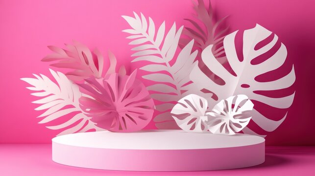 Pink podium with paper cut tropical leaves