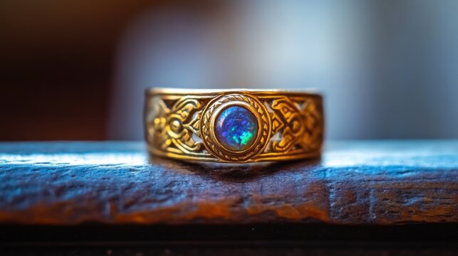Close-up of ornate gold ring with blue opal