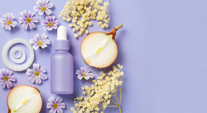 Quercetin Serum Dropper Bottle with Sliced Onion Elderflower and Wildflowers on Lilac Background