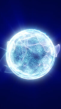 Luminous blue digital sphere made of particles and flowing mesh lines, symbolizing futuristic energy, data, and abstract technology