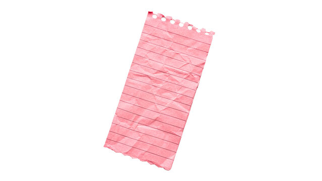 Bright pink lined paper with tear-off edges lays flat on a white surface showing handwritten notes or lists isolated on transparent background cut out