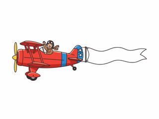 Red biplane flying with pilot waving and pulling a blank banner © babu