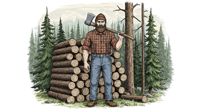 Lumberjack illustration with stacked logs and axe in forest