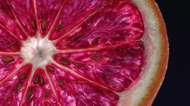 Stunning backlit macro photography of a ruby red grapefruit slice, revealing glowing translucent juice vesicles and intricate radial anatomy, perfect for health and wellness themes.