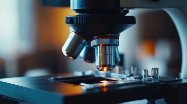 Close-up of a modern microscope with glowing lenses