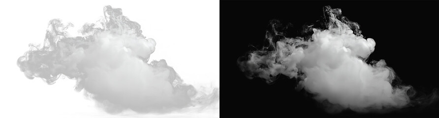 Naklejka premium Realistic white smoke cloud or fog set, atmospheric isolated mist and vapor effect on black and white backgrounds