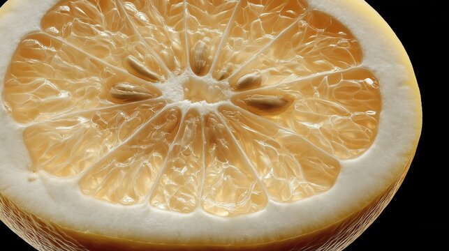 Delicate macro cross-section of a fresh white grapefruit or pomelo, showcasing translucent pale yellow pulp sacs, seeds, and intricate white pith texture against a solid black background.