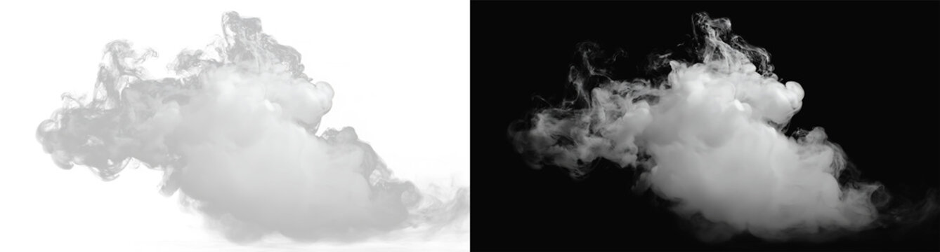 Realistic white smoke cloud or fog set, atmospheric isolated mist and vapor effect on black and white backgrounds