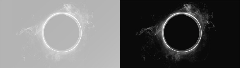 Abstract white smoke ring set, realistic magic fog circle with mystical vapor swirl on black and grey backgrounds © Maxim