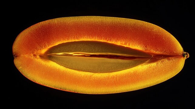 Dramatic backlit macro cross-section of a ripe Alphonso mango sliced lengthwise, revealing glowing golden-orange pulp and intricate fibrous internal texture against a solid black background.