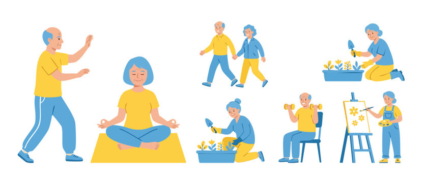 Elderly couple active lifestyle flat illustration collection, senior people gardening, yoga, exercising and painting set, healthy retirement habits, happy active seniors character design on white back
