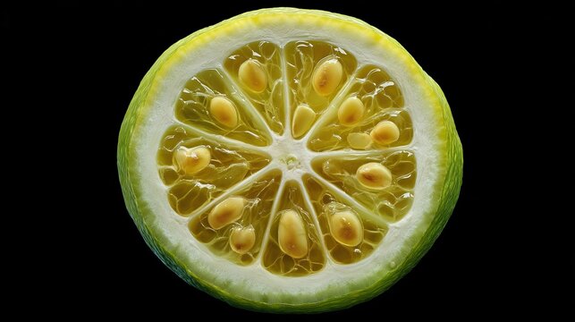 Detailed macro photography of a fresh bergamot orange cross-section, displaying pale yellow translucent pulp, seeds, and textured greenish-yellow rind isolated on a black background.