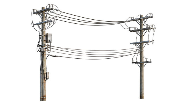 Two utility poles with numerous electrical wires and cables strung between them against a white background.