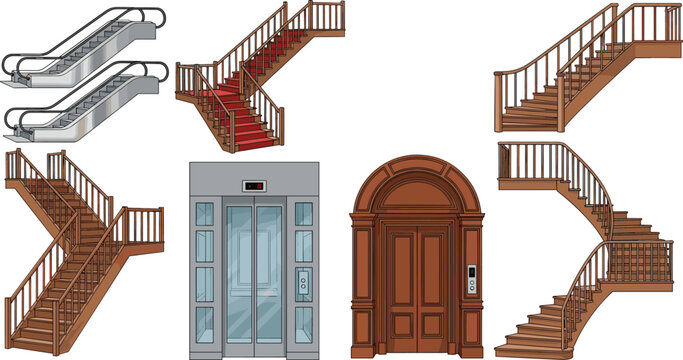 Interior Architectural Element Icon Set Featuring Classic Wooden Staircases With Red Carpet Modern Glass Elevators Escalators and Ornate Arched Double Doors for Building Design and Real Estate Graphic