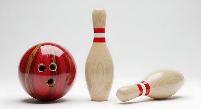 Bowling ball and pins on plain background