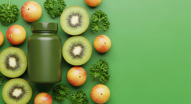 Vitamin C Supplement Bottle with Kiwi Fruit Tomatoes and Parsley on Bright Green Background