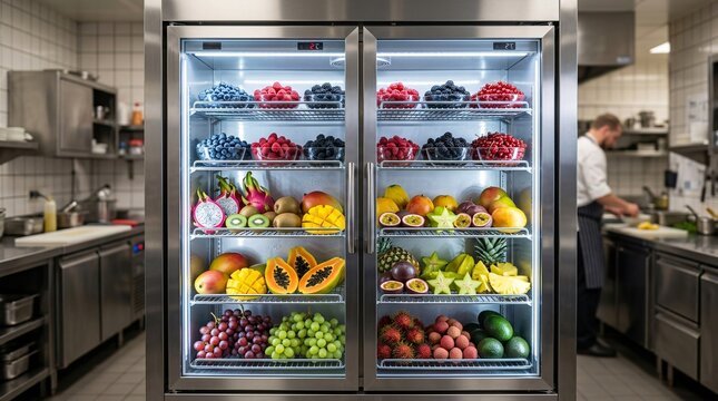 Beautifully arranged colorful fresh tropical fruits and berries sit inside a stainless steel commercial kitchen fridge with glass doors.