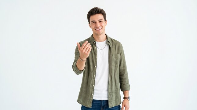 Young Man Making Come Here Gesture on White Background, Ideal for Invitation, Communication, Marketing and Engagement