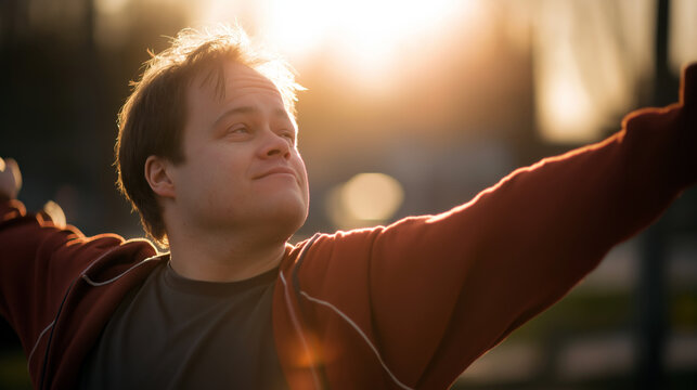 Man with Down syndrome exercising outdoors in a city park, active lifestyle, morning light, motion and energy, health and fitness theme