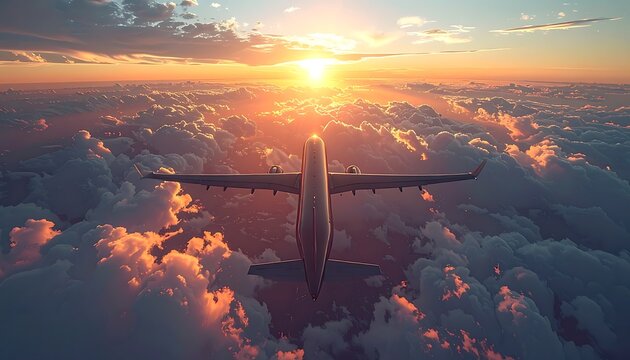 Airplane flying through sunset clouds high.