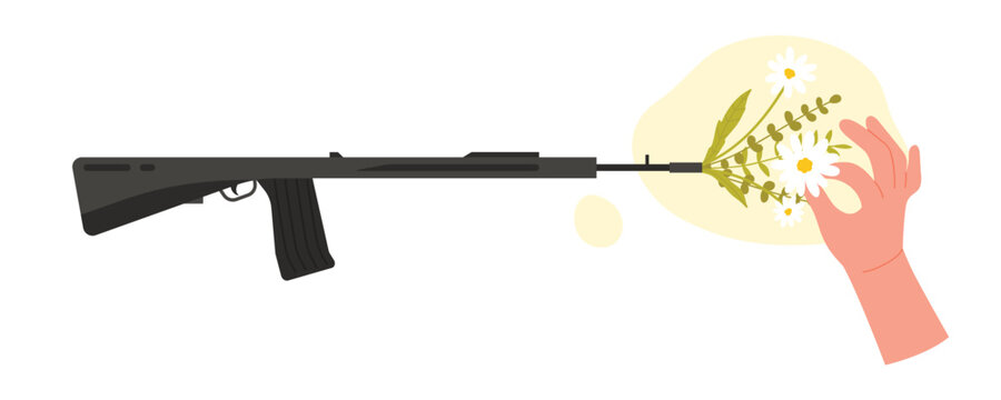 Hand putting flowers in rifle weapon. Gun shooting flower, spreading love and peace cartoon vector illustration