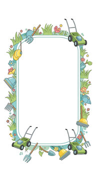 Garden Tools and Lawn Mowers Forming a Decorative Border.