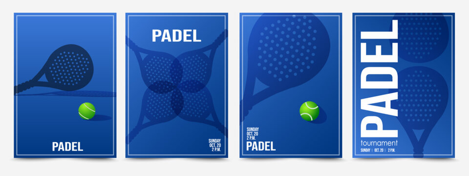 Set of padel posters. Modern banners with racket and tennis balls. Design template for sports competitions event, paddel tennis tournament, Championship. Vector illustration collection