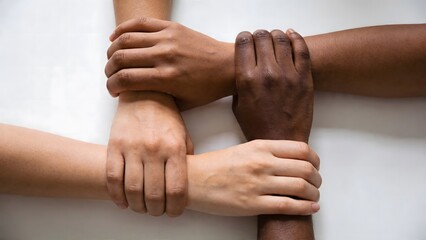 Fototapeta premium Diverse hands of various skin tones interlocking to form a symbol of unity and cooperation on a white background.