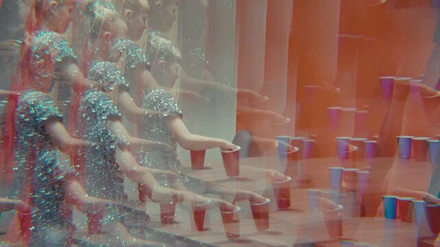 A surreal video loop of a woman in a sparkly dress playing a party game like beer pong. Multiple exposure and echo effects create a dynamic, energetic, and trippy visual of the fast paced action