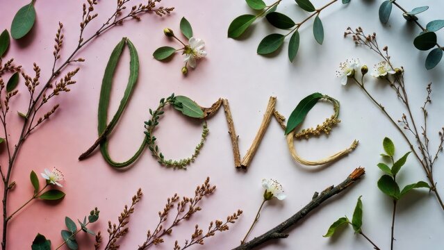 Leaves and twigs arranged to spell love on soft pastel surface