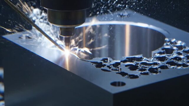 Highspeed Machining With Sparks And Coolant. CNC Aluminum Fabrication Involving Sparks And Molten Droplets. Advanced Laser And CNC Techniques Used For Detailed Aluminum Shaping And Machining