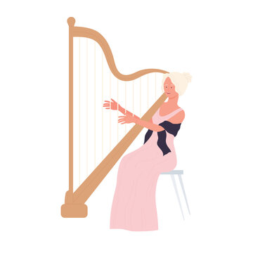 Elegant woman playing on harp instrument. Musical player harpist cartoon vector illustration