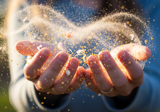 Magical golden pollen heart shape floating in cupped hands