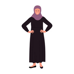 Naklejka premium Muslim businesswoman with hands on hips. Female arabic manager in standing pose cartoon vector illustration