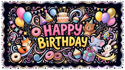 Fototapeta premium Colorful Happy Birthday Banner with Balloons and Cute Animals