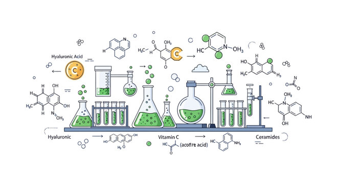 Scientists conduct experiments with various chemicals and equipment in a laboratory setting with green substances.
