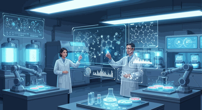 Scientists in a futuristic laboratory conducting experiments with various equipment and glowing blue substances on workstations.