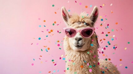 Fototapeta premium Llama wearing sunglasses with colorful confetti on pink background