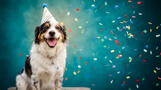 Happy dog wearing party hat with colorful confetti on blue background