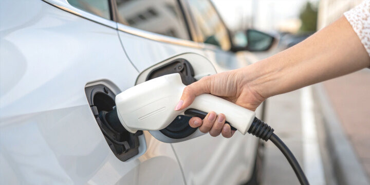 Environmentally friendly clean energy with a close up of a hand charging an electric car