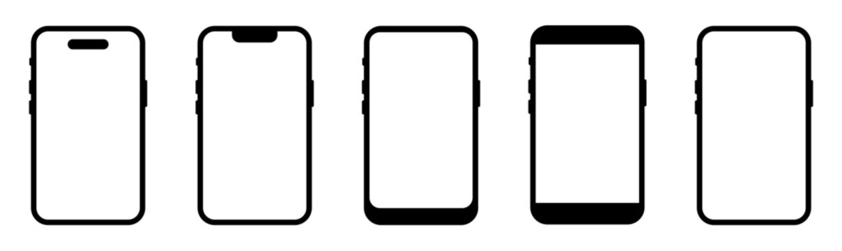 Smartphone frame mockup set. New smartphone. Modern mobile screen. Editable stroke. Vector illustration