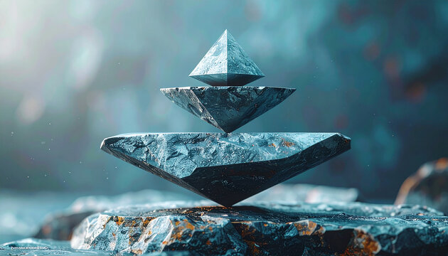 Mystical Stone Balance: A mesmerizing display of carefully arranged, rough-hewn stone pyramids stands in perfect equilibrium. The composition evokes a sense of balance, harmony.