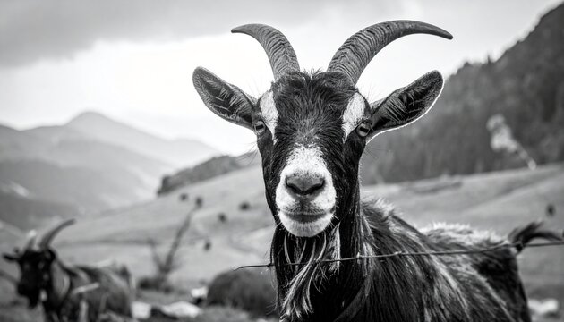 Black and white portrait of a goat in a mountainous landscape.