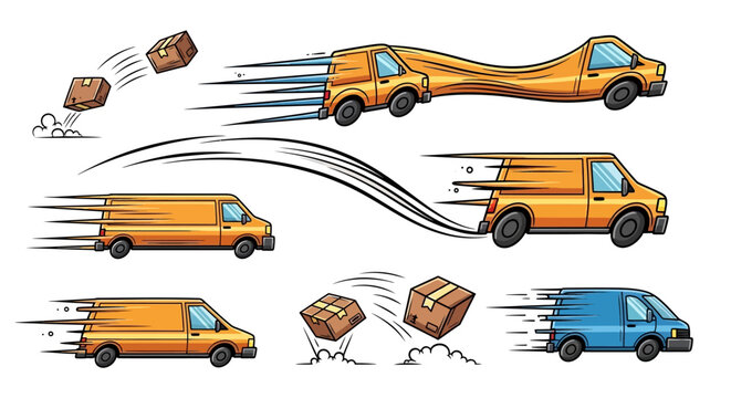 Cartoon illustration of delivery vans transporting packages.