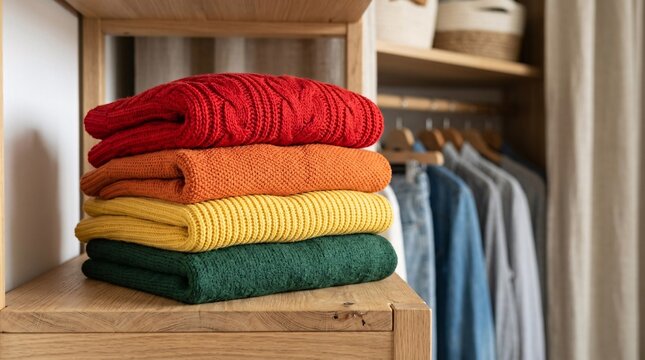 Folded knit sweaters in bold rainbow colors rest neatly on a light oak closet shelf. This image highlights a realistic interior lifestyle.