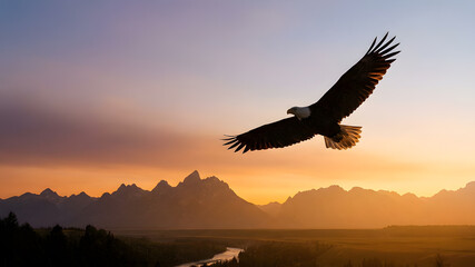 Fototapeta premium Eagle soaring through a clear sky with backdrop during a serene sunset