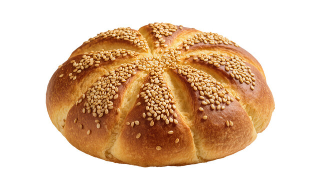 Round rustic bread with sesame seeds and scored surface
