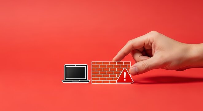 Firewall icon stopping malicious threat symbolizing protection against cyber attacks and unauthorized access