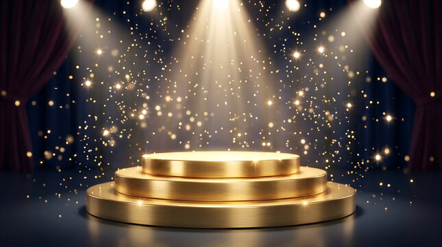 Golden Podium with Sparkling Lights and Glitter, empty fancy  Background for Awards Ceremony with Spotlight, Product Presentation, or Winner Announcement.