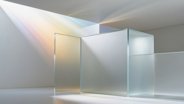 minimalist white studio with frosted glass transparent cube and panel sculptures with colorful rainbow prism light refraction abstract product display background